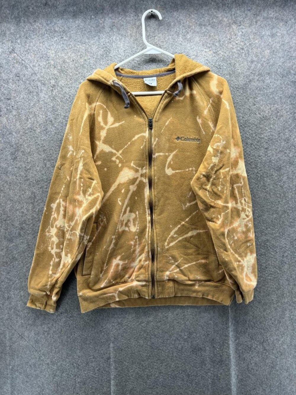 Columbia Hoodie Mens Medium Brown Full Zip Fleece Bleach Dye Logo Sweatshirt